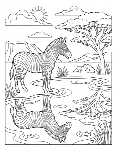 Zebra at Watering Hole - Free Printable Coloring Page