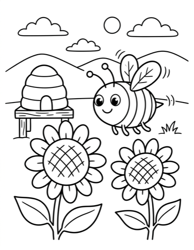 Bee and Flowers - Free Printable Coloring Page