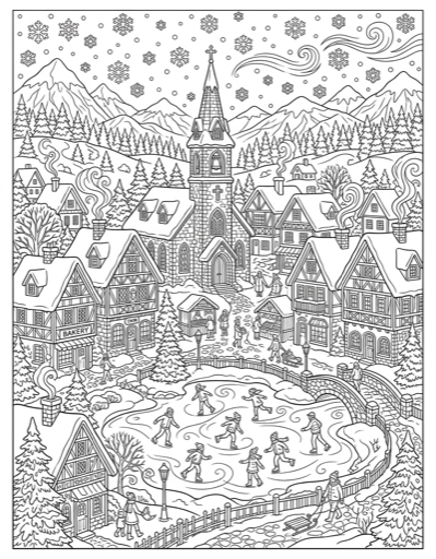 Winter Village - Free Printable Coloring Page