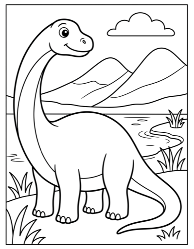 Brontosaurus by Lake - Free Printable Coloring Page