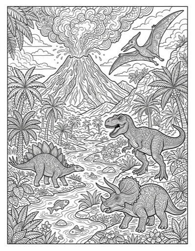 Dinosaur Volcano Scene - Free Printable Coloring Page