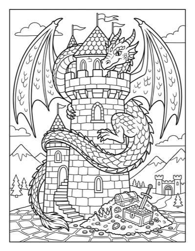 Dragon on Castle - Free Printable Coloring Page