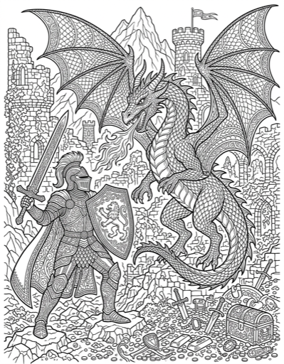 Dragon vs Knight - Free Printable Coloring Page