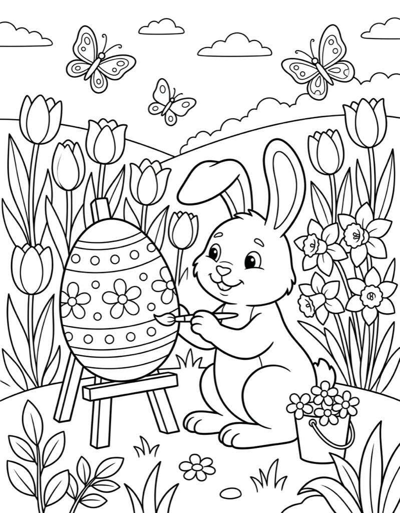 Bunny Painting Eggs - Free Printable Coloring Page