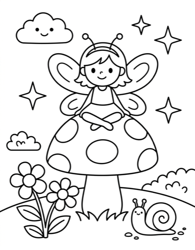 Fairy on Mushroom - Free Printable Coloring Page