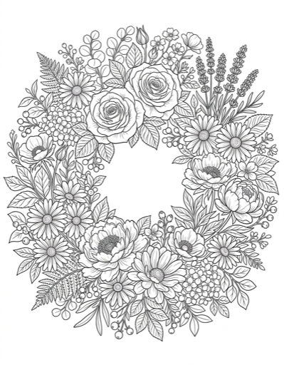 Flower Wreath - Free Printable Coloring Page