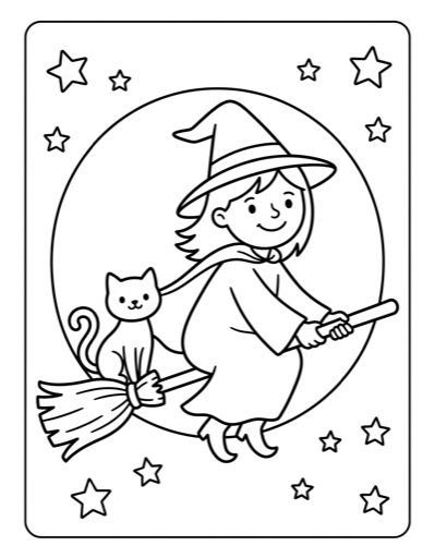 Witch on Broomstick - Free Printable Coloring Page