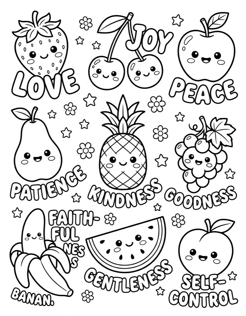 Kawaii Fruit with Positive Words - Free Printable Coloring Page