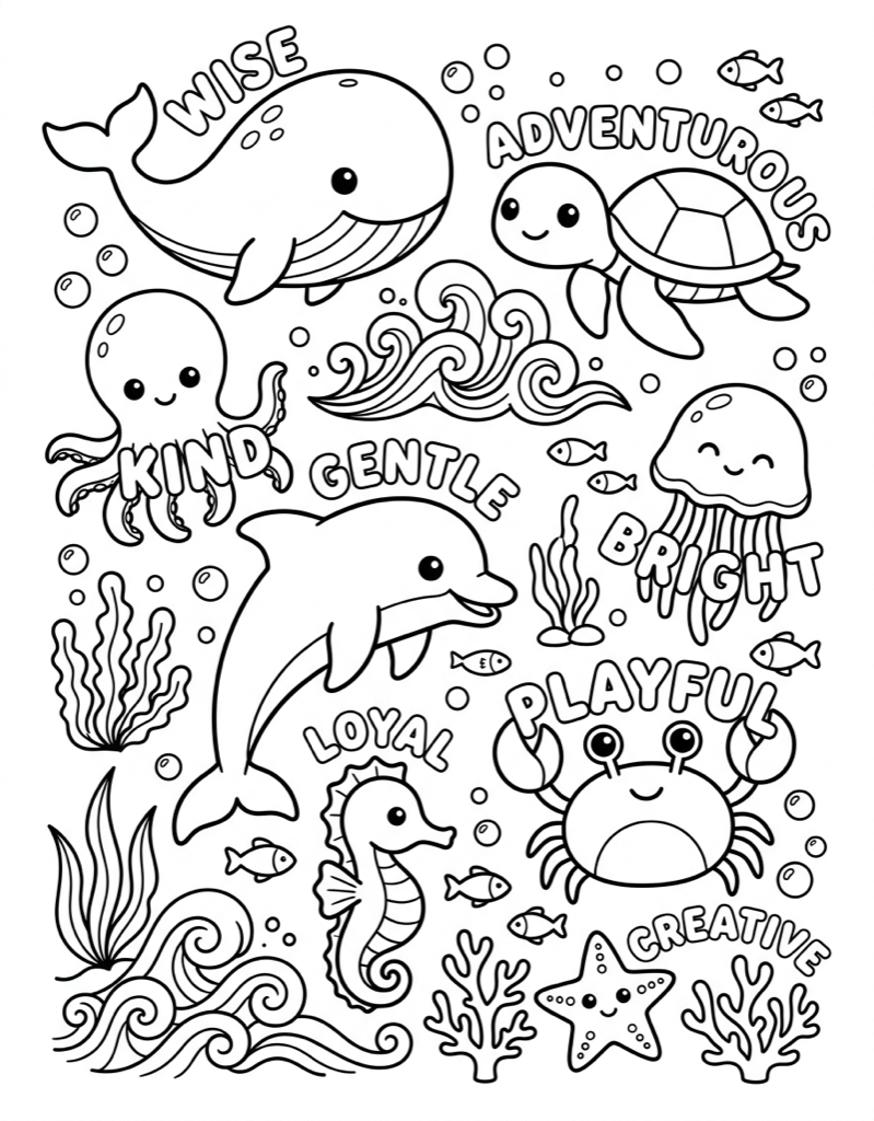 Kawaii Sea Creatures with Positive Words - Free Printable Coloring Page