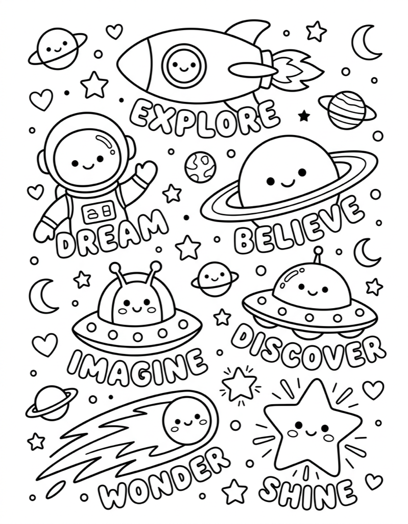 Kawaii Space Objects with Inspiring Words - Free Printable Coloring Page