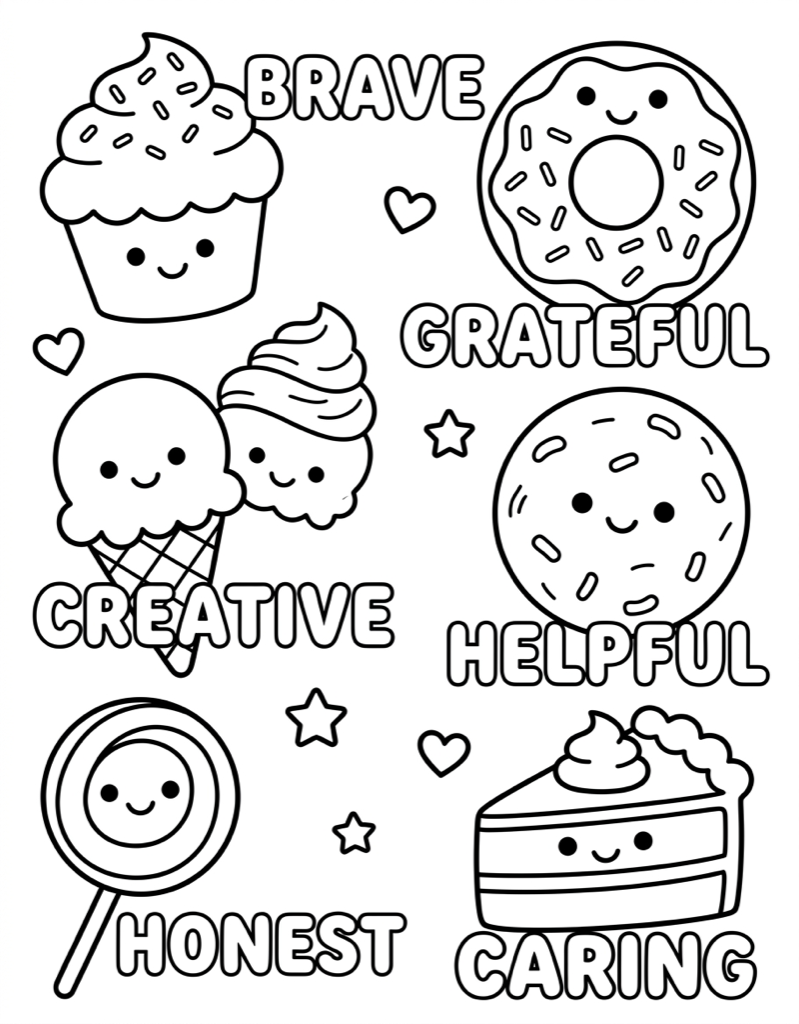Kawaii Sweet Treats with Positive Words - Free Printable Coloring Page