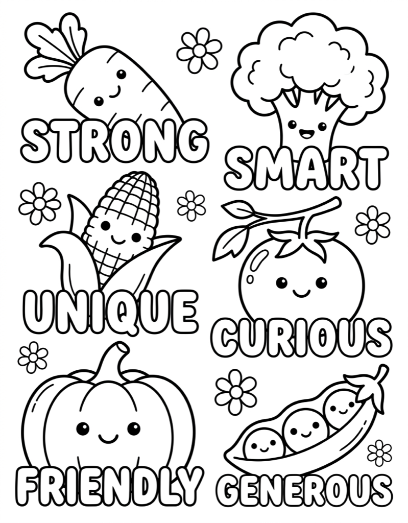 Kawaii Vegetables with Positive Words - Free Printable Coloring Page