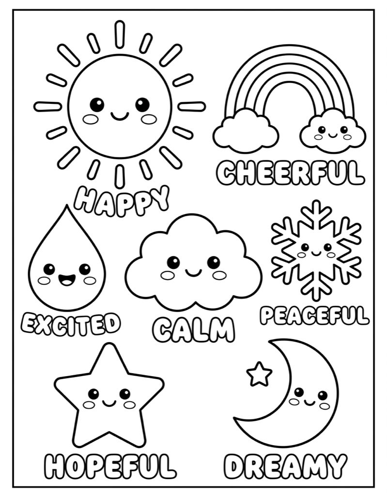 Kawaii Weather with Feelings Words - Free Printable Coloring Page