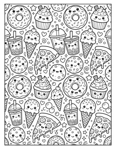 Kawaii Food Pattern - Free Printable Coloring Page