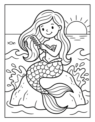 Mermaid on Rock - Free Printable Coloring Page