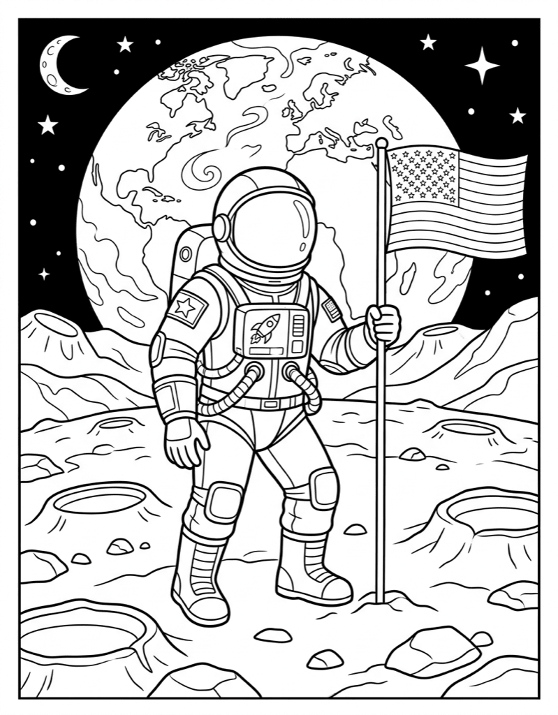 Astronaut on the Moon - Coloring Page