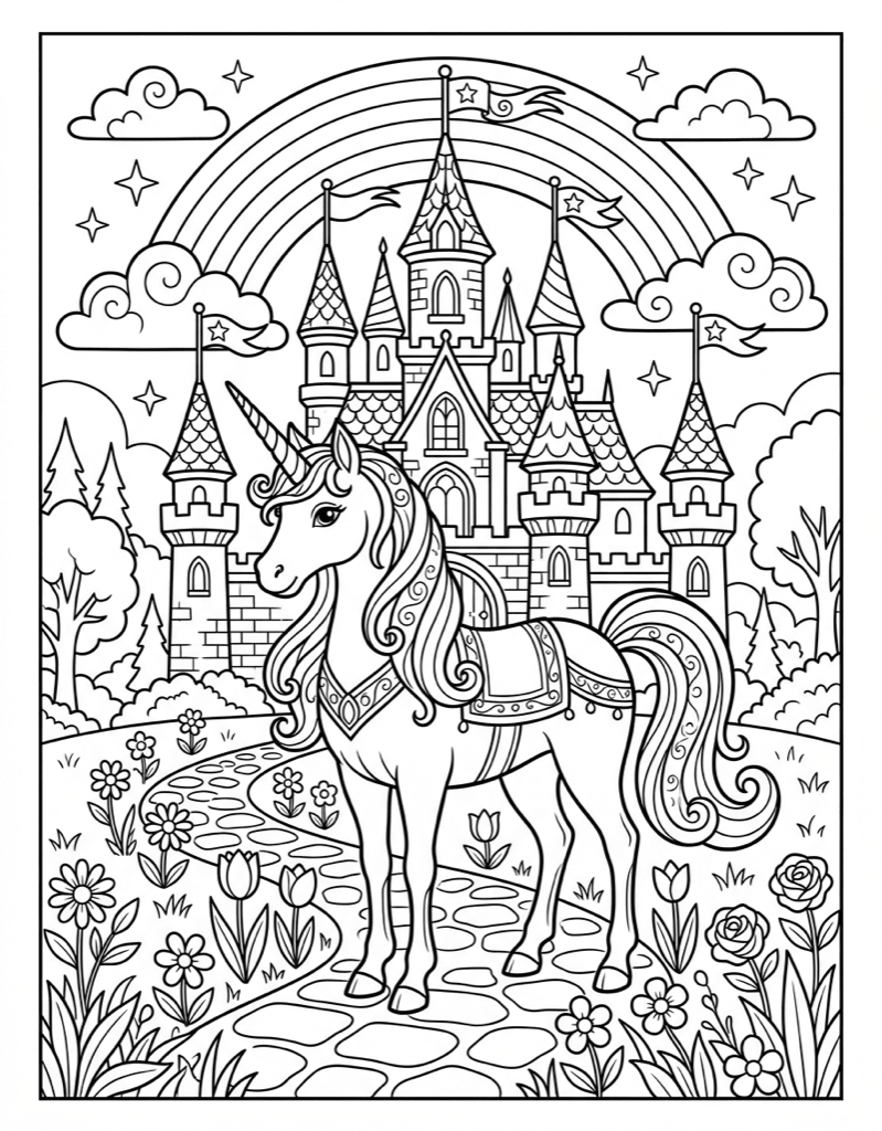 Unicorn at Castle - Coloring Page