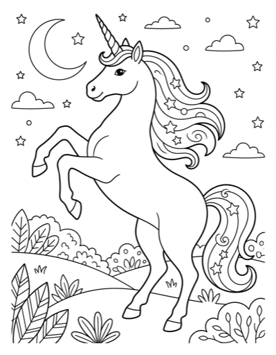 Unicorn Under Night Sky - Free Printable Coloring Page