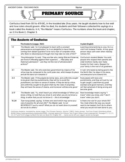 Primary source: the Analects of Confucius