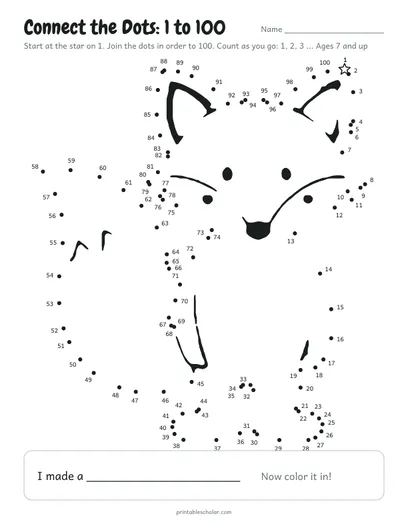 Connect the dots 1 to 100 printable: fox
