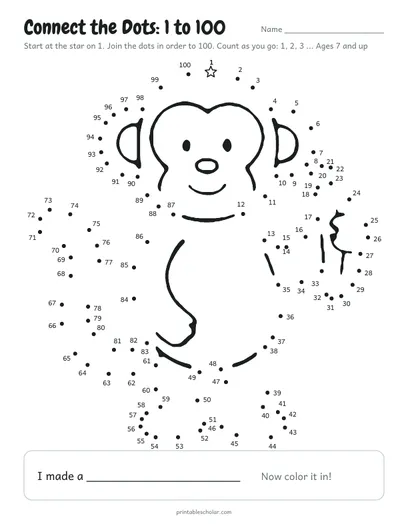 Connect the dots 1 to 100 printable: monkey