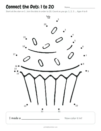 Connect the dots 1 to 20 printable: cupcake