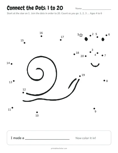 Connect the dots 1 to 20 printable: snail