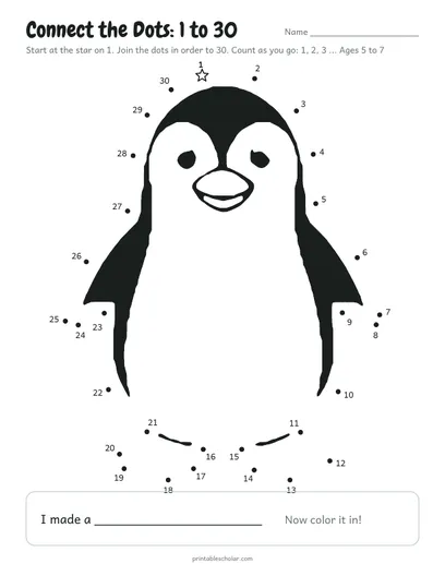 Connect the dots 1 to 30 printable: penguin