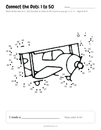 Connect the dots 1 to 50 printable: airplane