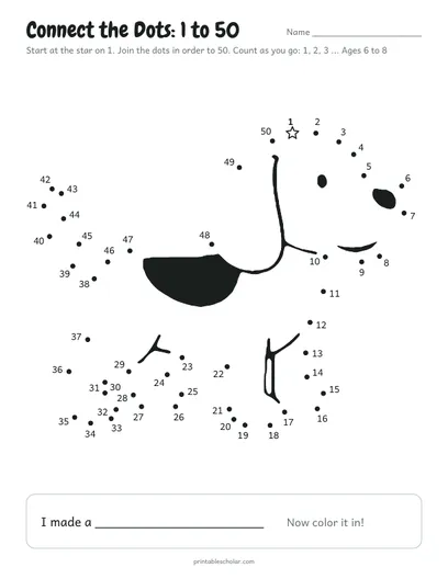 Connect the dots 1 to 50 printable: dog