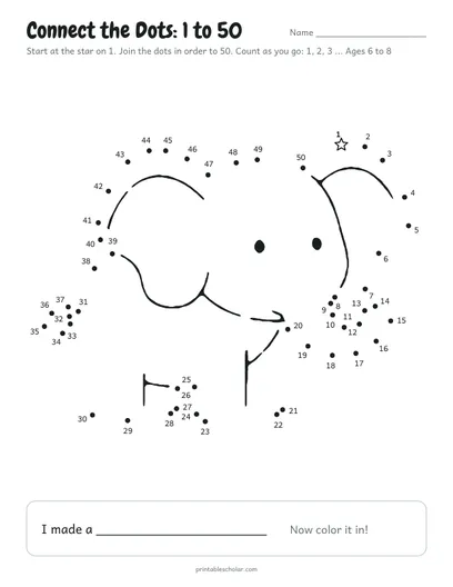 Connect the dots 1 to 50 printable: elephant