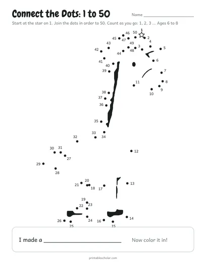 Connect the dots 1 to 50 printable: giraffe