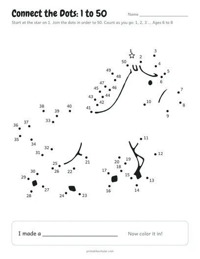Connect the dots 1 to 50 printable: horse