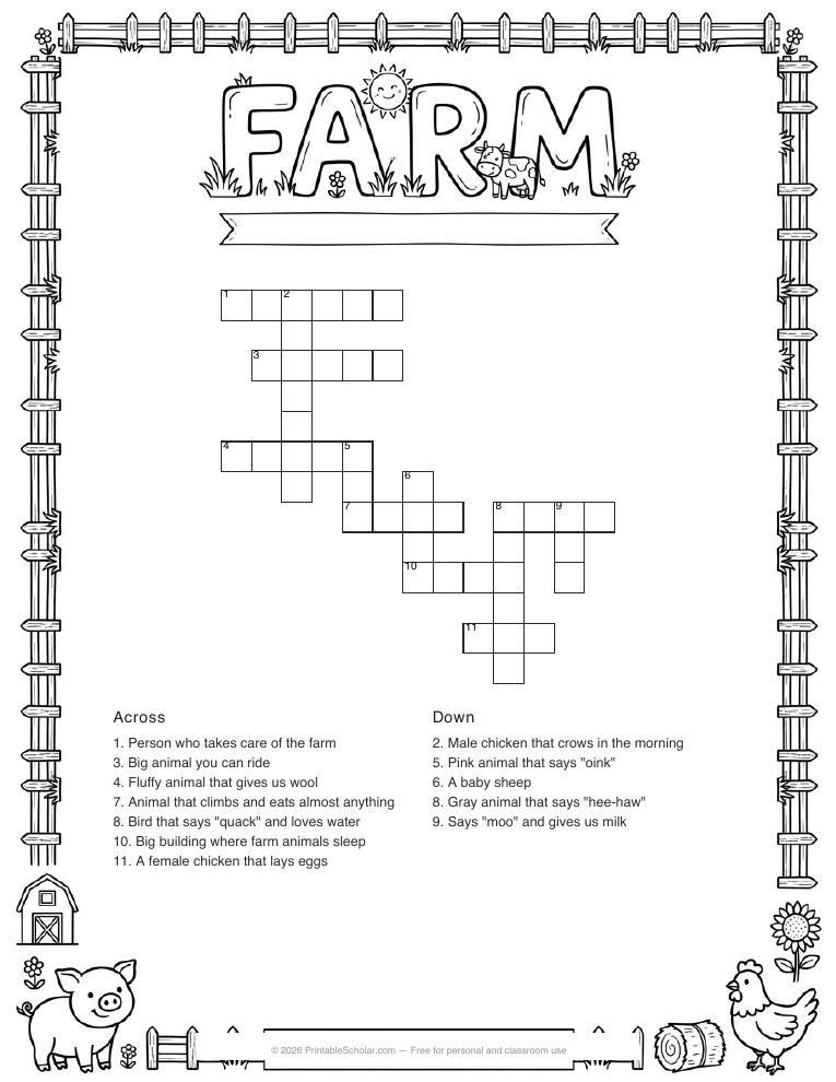 Farm Animals crossword printable worksheet preview