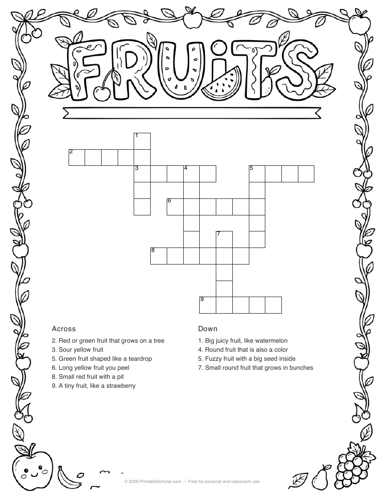 Fruits crossword printable worksheet preview