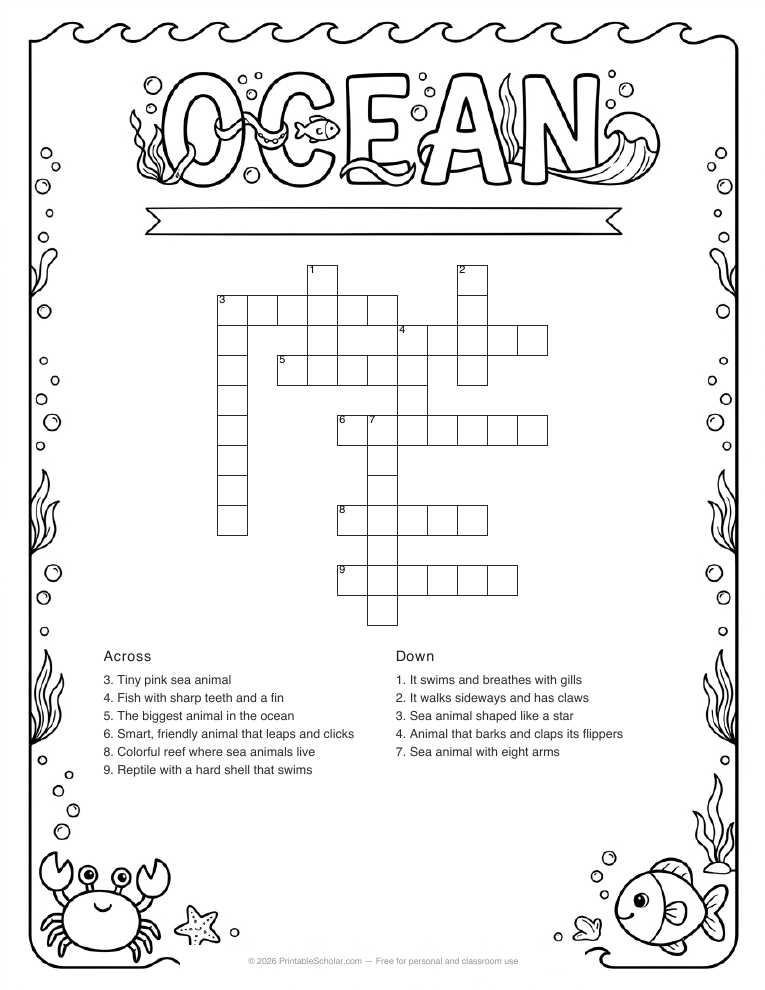 Ocean Animals crossword printable worksheet preview