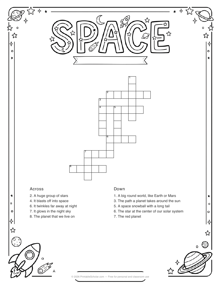 Space crossword printable worksheet preview
