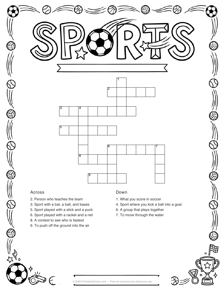Sports crossword printable worksheet preview