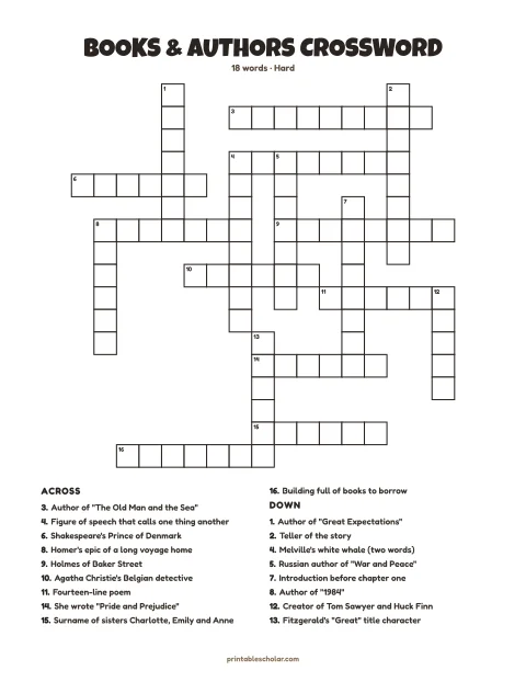 Printable crossword puzzle for adults — Books & Authors, hard, 18 words