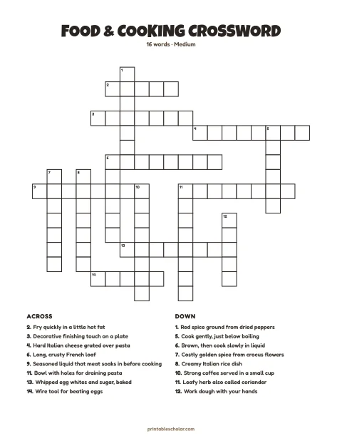 Printable crossword puzzle for adults — Food & Cooking, medium, 16 words