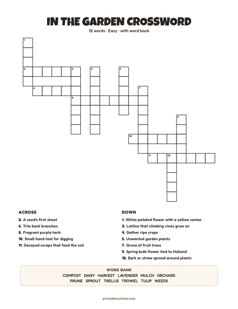 Printable crossword puzzle for adults — In the Garden, easy, 12 words