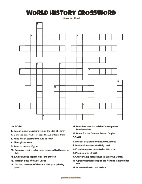Printable crossword puzzle for adults — World History, hard, 18 words