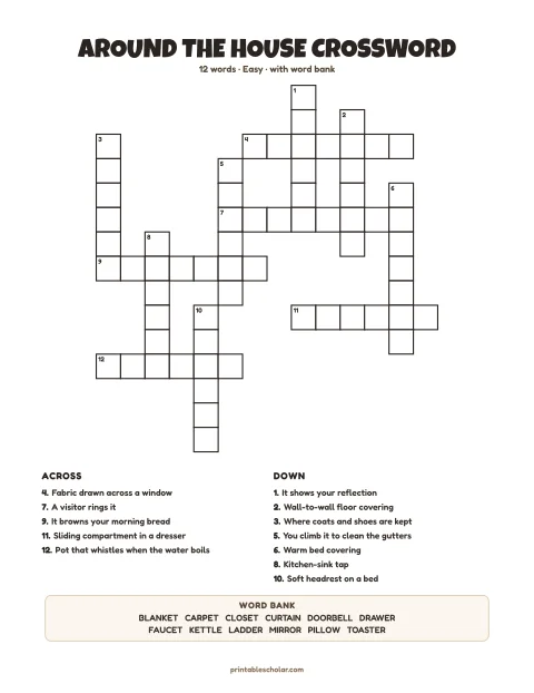 Printable crossword puzzle for adults — Around the House, easy, 12 words