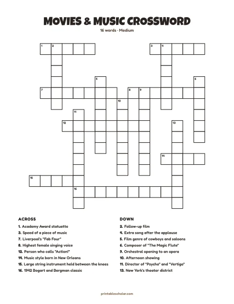 Printable crossword puzzle for adults — Movies & Music, medium, 16 words