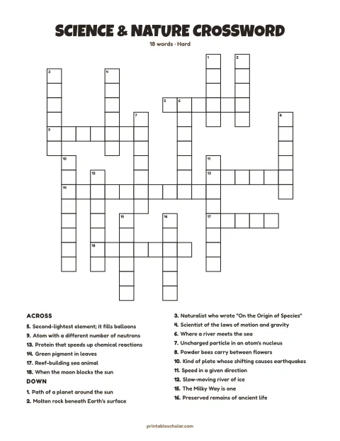 Printable crossword puzzle for adults — Science & Nature, hard, 18 words