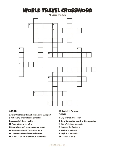 Printable crossword puzzle for adults — World Travel, medium, 16 words