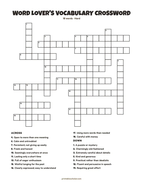 Printable crossword puzzle for adults — Word Lover's Vocabulary, hard, 18 words