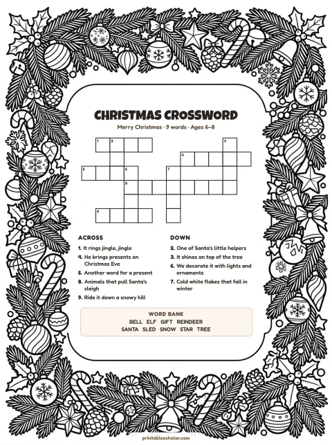 Printable christmas crossword puzzle for kids — Merry Christmas, easy, 9 words