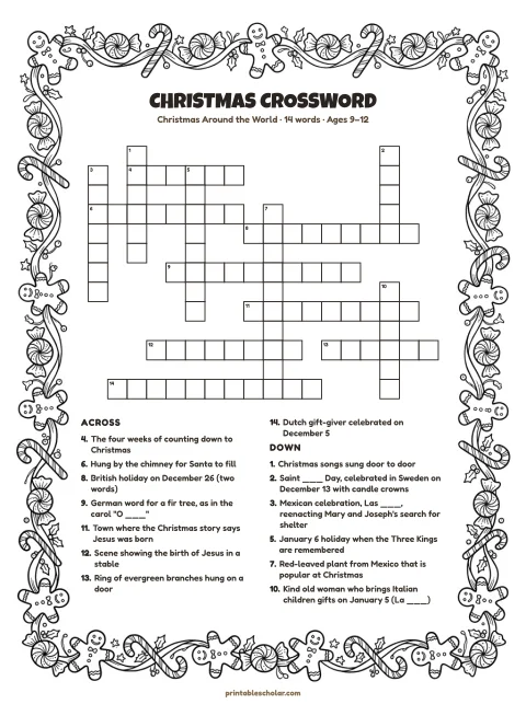 Printable christmas crossword puzzle for kids — Christmas Around the World, hard, 14 words