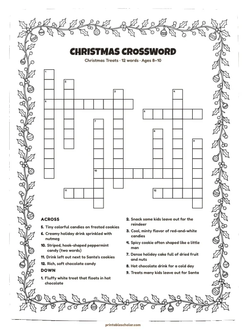 Printable christmas crossword puzzle for kids — Christmas Treats, medium, 12 words